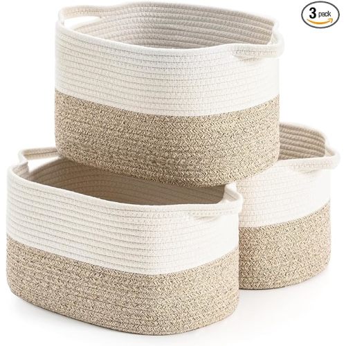 DUHEL Cotton Rope Woven Storage Basket, Used for Baby Hamper Toy Organizer, Gift Baskets Empty,Kids Laundry Basket,Baby Blanket Basket. Size 15x10x8.7 Inches. (White&Brown-3PCS)