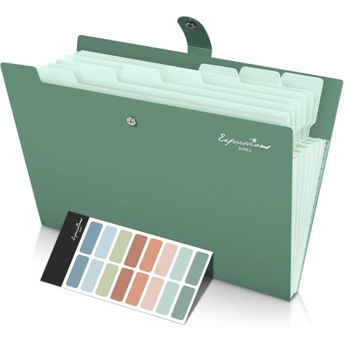 Sooez Elegant Accordion File Organizer, 8 Pocket Expanding File Folder | Portable Folders for Documents, Cute Paper Organizer with Labels, for School Office College Supplies, Letter Size, Dark Green