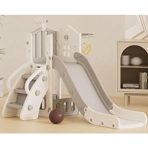 XJD 5 in 1 Toddler Slide, Kids Slide for Toddlers Age 1-3, Outdoor Indoor Playset for Toddlers with Basketball Hoop and Ball, Storage Space Christmas Birthday Gifts for Toddler (Gley)