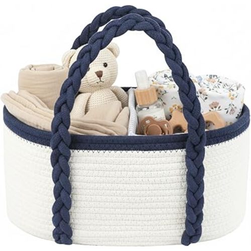 Baby Diaper Caddy, Portable Diaper Organizer for Changing Table, Car Travel Baby Shower Gifts Newborn Essentials, Cotton Rope Nursery Storage Basket for Boys (White＆Navy Blue)