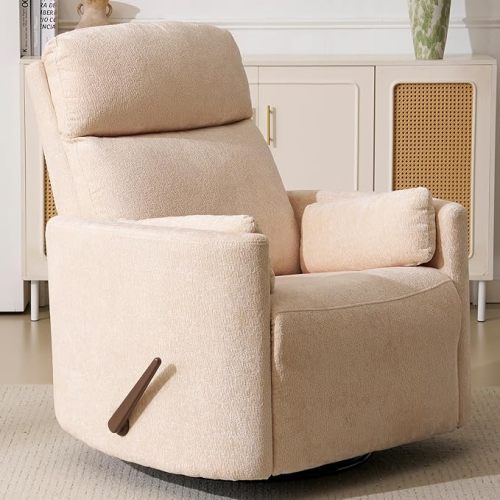 Oversized Swivel Rocker Recliner with Massage and Heat, Swivel Nursery Recliner With Adjustable Headrest, Manual Rocker Recliner Chair with Two Removable Pillows, High Back Barrel Armchair, Beige