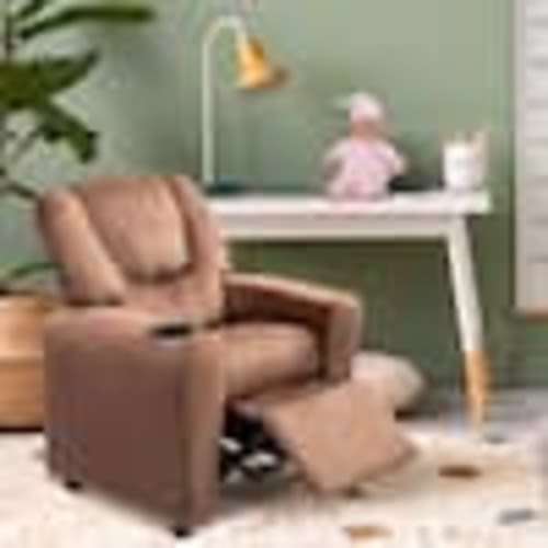 MAYKOOSH Push Back Brown Microfiber Kids Recliner Chair with Footrest and Cup Holder, Toddler Recliner for Ages 3+ 56848HDT