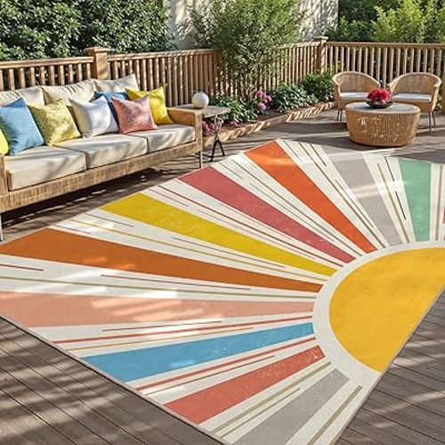 Multicolored Outdoor Indoor Area Rug Boho Sun Rainbow Washable Outdoor Patio Rugs Medieval Aesthetic Vintage Abstract Art Non-Slip Carpet for Living Room, Patio, Porch, Pool Deck (5x8)