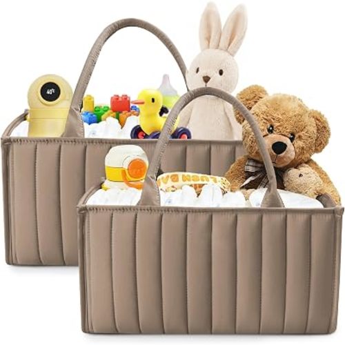 SWEET DOLPHIN 2-Pack Quilted Diaper Caddy Organizer – Premium Puffer Style Nursery Storage Bins – Water-Resistant & Wipeable Changing Table Organizer – Trendy Tote for Home & Car Travel - Mocha Brown