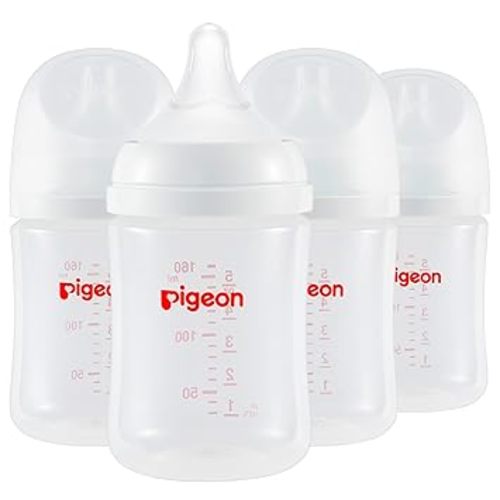 Pigeon PP Nursing Bottle Wide Neck, Anti-Colic, Streamlined Body, Natural Feel, Easy to Clean, 5 Oz (Pack of 4), Includes 4pcs SS Nipples (0m+)