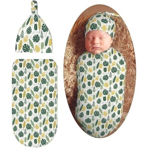 YISHOW Banana Leaves Swaddle Blanket with Beanie Hat Set Swaddle Wrap