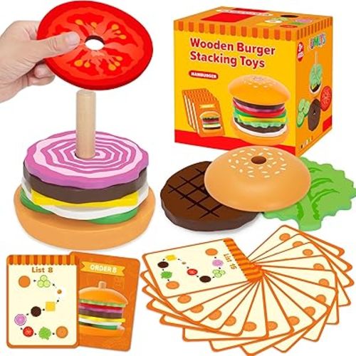 Jumlys Montessori Wooden Burger Stacking Toys for 2, 3, 4, 5 Year Olds, Fine Motor Toys for Kids Boys Girls, Ideal Preschool Educational and Learning Toys, Perfect Christmas Birthday Gifts