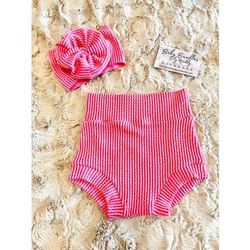 Hot Pink Wavy Rib Bummies and Bow Set / Baby and Toddler Clothing Sets / Spring Summer Fashion / Handmade / Baby Diaper Cover Shorts