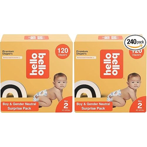 Hello Bello Diapers, Size 2 (10-16 lbs) Surprise Pack for Boys - 120 Count of Premium Disposable Baby Diapers, Hypoallergenic with Soft, Cloth-Like Feel - Assorted Boy & Gender Neutral Patterns 160002