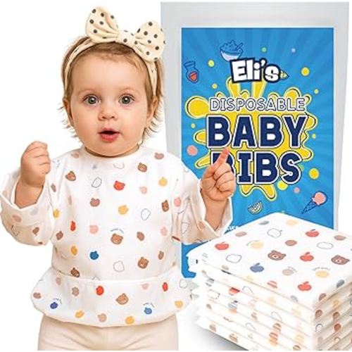 Eli with Love Disposable Bibs Individually Wrapped, Long Sleeve Bib with Crumb Catcher - Waterproof Baby Bibs For Feeding (10 pack) (Sleepy Bear)