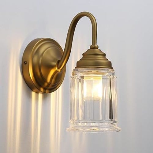 PERMO Vintage Wall Sconce with Clear Bell-Shaped Glass Shade Antique Gold Bathroom Sconce Wall Mount Light for livingroom Bedroom,Hardwired,E26 Base