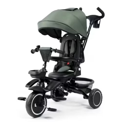 Kinder King 8 in 1 Kids Tricycle Folding Toddler Trike w/Adjustable Push Handle, Military Green