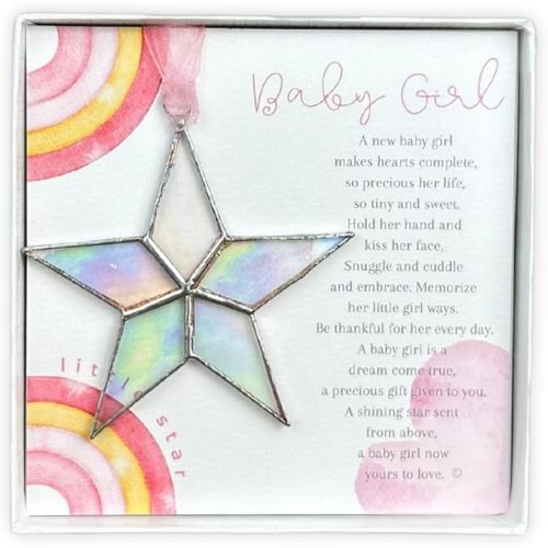 New Baby Girl Gift - Handmade Iridescent Stained Glass Star with Heartfelt Message Welcome New Baby Girl Gift (Pink)