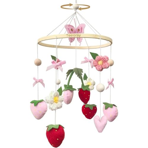 Strawberry Baby Crib Mobile for Girls Pink Bow Nursery Decor