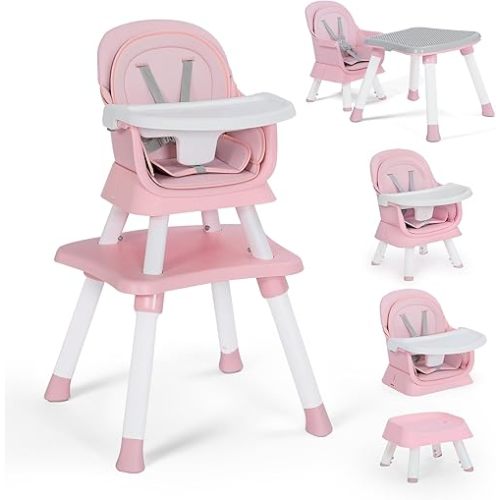 TODEFULL Baby High Chair, 8 in 1 Convertible Highchairs for Babies and Toddlers, Children Dining Booster Seat/Kids Building Block Table for Girls Boys, Baby Seat with Removable Tray,Pink & White