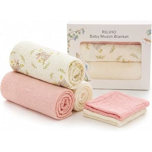 5 Pack Muslin Swaddle Blankets & Baby Burp Cloths, Soft & Breathable Cotton Baby Blankets, Receiving Blankets for Newborn Girl, Nursery Infant Essentials, Swaddling Wrap for Unisex (Pink & White)