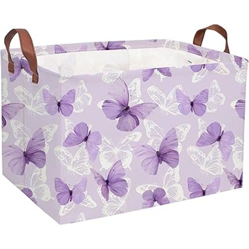 Sanjiaofeng Rectangular Kids Basket Butterfly Storage Bins,Girls Storage Basket with Handles.Clothers,Toys,Books,Kid's Gifts Bins. (Purple Butterfly)