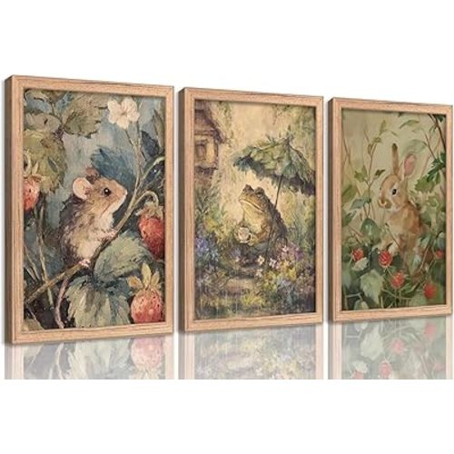 Wood Framed Woodland Animal Nursery Wall Art Vintage Safari Painting Wall Decor Cute Rabbit Frog Mouse Picture Poster Rustic Animal Botanical Print Artwork for Kid Room Home Decoratio