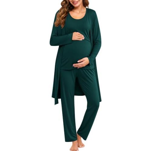 SWOMOG Maternity Nursing Robe Set 3 PCS Women Postpartum Pajamas Breastfeeding Labor Delivery Hospital Pregnancy Pjs (Emerald Green, Large)
