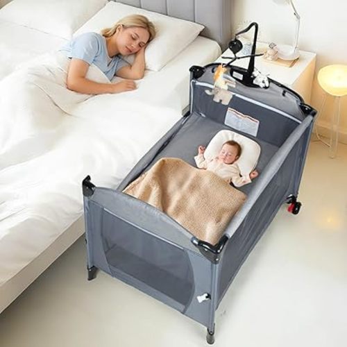 5-in-1 Pack and Play Portable Crib for Baby,Multifunction Bedside Crib from Newborn to Toddlers,U-Shaped Diaper Changer,Playard,Safety Strap,Carry Bag