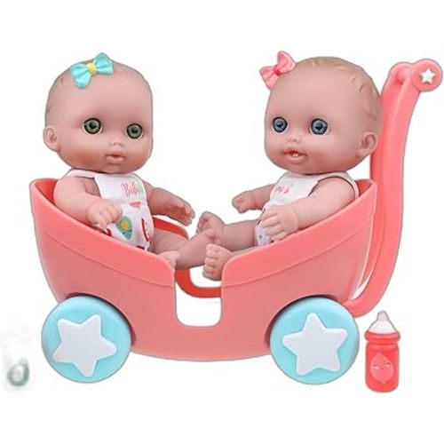 Lil Cutesies TWIN 8.5" All Vinyl Dolls and Stroller Set | Posable and Washable | Removable Outfits |Twin Stroller and Accessory | JC Toys | Ages 2+ , Green