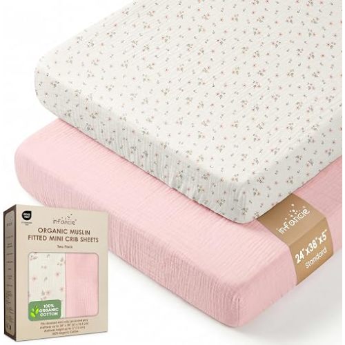 100% Organic Cotton 2 PK Baby Muslin Pack & Play Sheets 24x38in Mini Crib