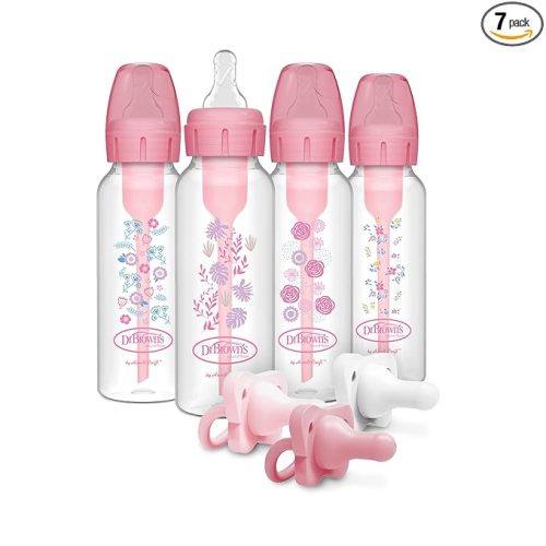 Dr. Brown’s Anti-Colic Options+ Baby Bottles, Narrow, Pink Floral Designs, 8oz, 4 Pack and HappyPaci 100% Silicone Pacifier 0-6m, BPA Free, White, Pink, Light Pink 3-Pack