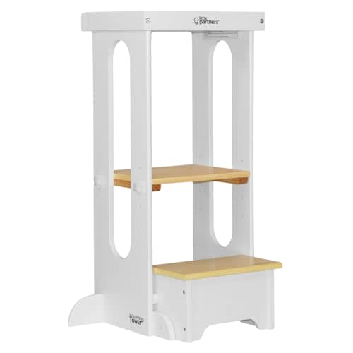 Little Partners Foldable Toddler Tower, Learning Tower Explore 'N Store Montessori Standing Kitchen Tower with Folding Step Stool Platform for Cooking and Learning, Ages 2+ (White w/Natural)