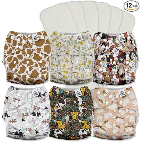 Mama Koala 3.0 Cloth Diapers for Babies with AWJ Lining, 6 Pack with 6 5-Layer Natural Cloth Diaper Inserts - Reusable and Washable Pocket Diapers(A-The Farm Story)