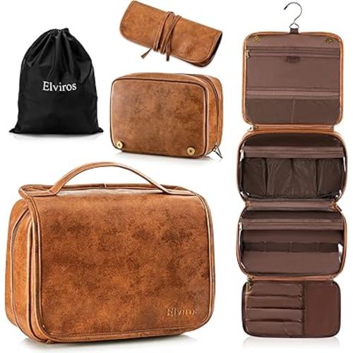 Elviros Hanging Toiletry Bag for Men Travel Essentials 3-in-1 Large Waterproof Dopp Kit PU Leather Shaving Bag with Separate Compartments for Grooming and Toiletries Mens Gift