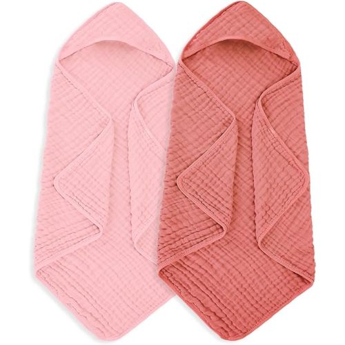 Muslin Hooded Baby Towels 100% Cotton ，Super Soft Muslin Baby Bath Towel - 32 x 32 Inches, Suitable for Newborn and Young Children up to 3 Years Old. (Light Pink & Dark Pink)