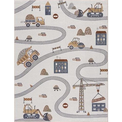 Hauteloom Ramsay Kids Room, Nursery, Playroom Machine Washable Area Rug - Road, Construction Vehicles - Cream, Light Gray - 5'3" x 7'