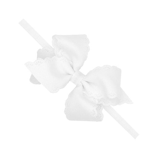 Wee Ones Girls Small Grosgrain Bow with Eyelet Flower Embossed Edge on Skinny White Nylon Band, One Size, White