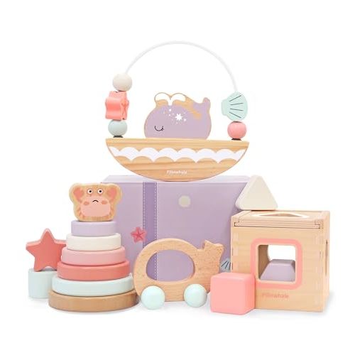 Pillowhale Sensory & Educational Wooden Toy Set for Toddlers 1-3 Years Old - Stacking Rings, Shape Sorter, Push Car, Bead Maze, Montessori Toys for Boys & Girl