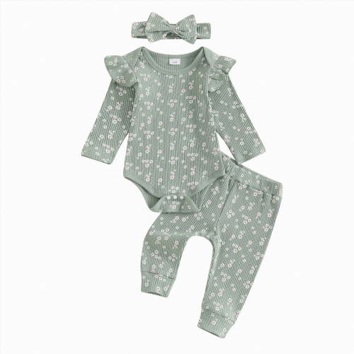 CAICJ98 Newborn Infant Baby Girl Clothes Ribbed Long Sleeve Ruffle Romper Pants Headband Sets 3Pcs Fall Winter Spring Outfits (Green,3-6 Months)