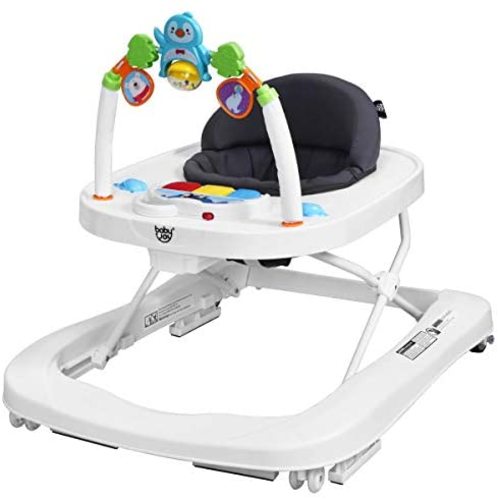 BABY JOY Baby Walker, 2 in 1 Foldable Activity Behind Walker with Adjustable Height & Speed, Friction Control Functions, Safety Belt, High Back Padded Seat, Music, Detachable Penguin Play Bar (Gray)
