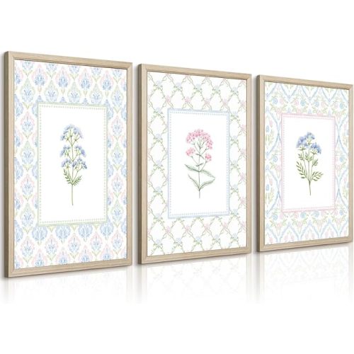 Wildflower Nursery Wall Art Decor Baby Girl Room Canvas Prints Pastel Floral Wall Art Botanical Flower Pictures Pink Blue Wildflower Painting Artwork for Girls Bedroom 12x16x3 Inch Framed