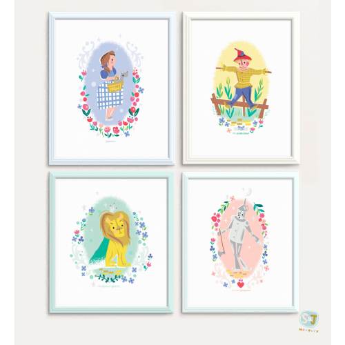 Wizard of Oz Art Prints: Dorothy, Scarecrow, Lion, Tin Man, 4 print set