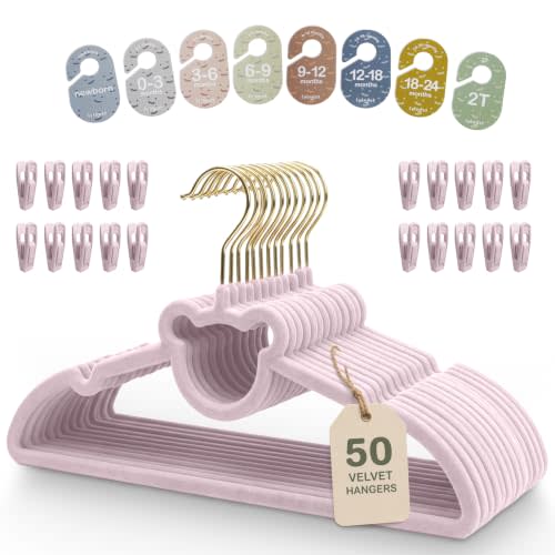 Velvet Baby Hangers with Clips & Size Dividers, 50 Pack | Organize baby clothes from newborn to 2T with 8 size dividers and 20 clips for outfits, pants, and growing wardrobes