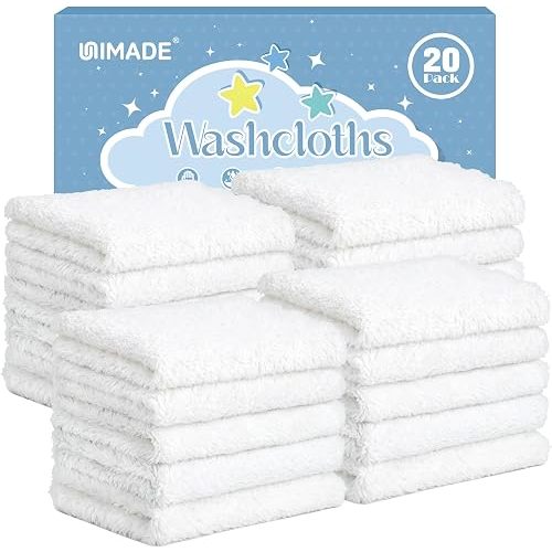 UNIMADE Baby Washcloths, 20 Pack Microfiber Coral Fleece Wash Cloths, Extra Absorbent Baby Towels for Newborns, Infants and Toddlers, Gentle on Sensitive Skin for Face and Body - 7" × 9", White