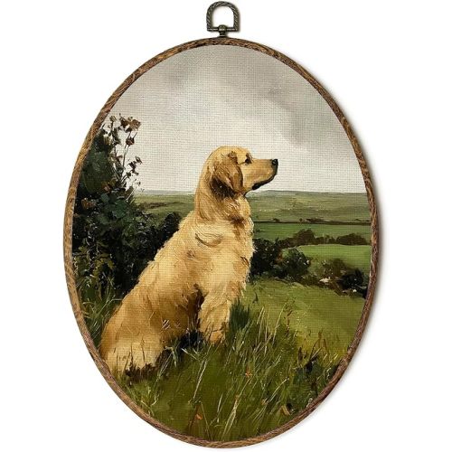 FSTCSV Vintage Golden Retriever Dog Oval Wall Art Framed, Gifts for Golden Retriever Lovers Canvas Prints Wall Hanging Art, Rustic Farmhouse Countryside Dog Oval Walls Decor for Bedroom, 8.8x11.5in