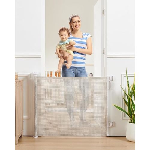 Retractable Baby Gate, Exquisite Rattan Mesh, 33" Tall, Expands to 55" Wide, Dog Gate for Stairs, Doorway, Hallway, Indoor/Outdoor Pet Fence, Walk-Through Design with No Bottom Bar, Beige