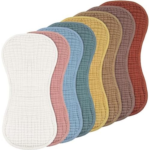 Frienda 8 Pieces Muslin Burp Cloths for Baby Cotton Burp Cloth 10 x 20 Inches Multi Colors Muslin Washcloths Diapers 4 Absorbent Layers Newborn Face Towels for Baby Boy Girl Unisex (Retro Color)