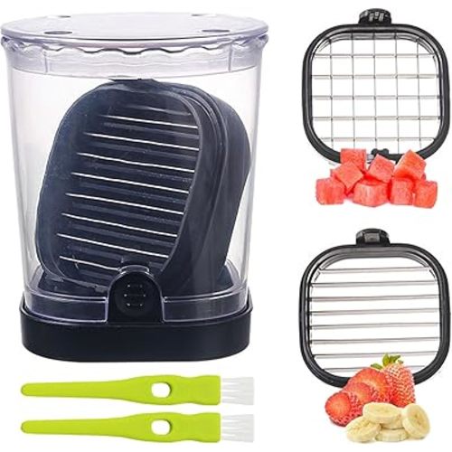 2-in-1 Detachable Fruit Slicer & Dicer, Stainless Steel Strawberry Slicer with Lid, Fruit Cutter with Push Plate for Banana Egg, Creative Cup Slicer, Must Have Vegetable Cutter Kitchen Gadget