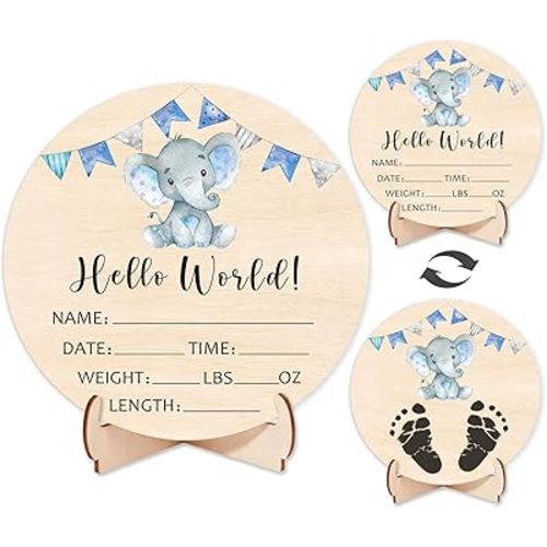 Double-Sided Wooden Newborn Birth Sign, Blue Elephant Baby Announcement Sign, Elephant Hello World Name Sign for Hospital, Gift for New Mom Baby Shower, Photography Prop