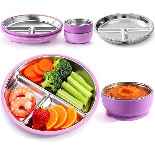 Havawish 4 Pcs Stainless Steel Baby Plates Bowls with Suction Set,Purple