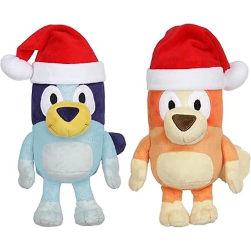 Bluey Toddler Plush Toys Pack of 2, 7-8”, Soft, Festive Holiday Season Plush Figure Toys with Santa Hats, Cuddly Plush Animals for Kids Ages 3+