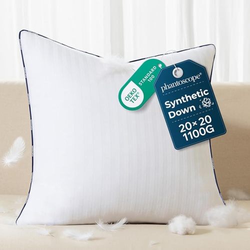 Phantoscope 20x20 Synthetic Down Alternative Pillow Inserts, Handmade Down Pillows Insert Sleeping Throw Pillows with 100% Cotton Cover Decorative Pillow Stuffer for Sofa, Couch Bed(White, Set of 1)