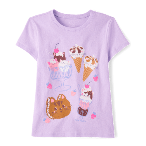 Girls Cat Ice Cream Graphic Tee - Purple