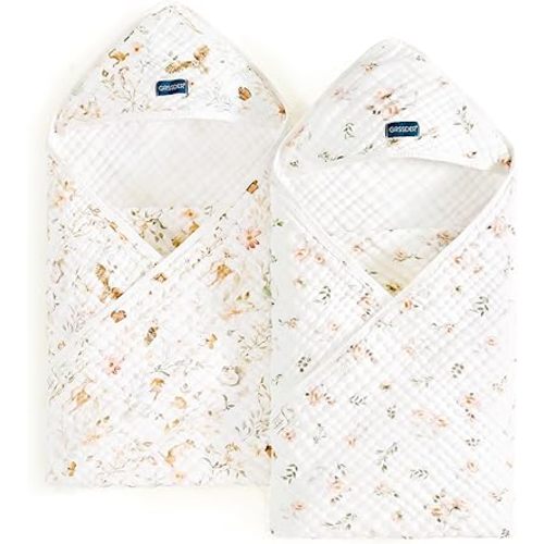 GRSSDER Ultra Soft Absorbent Muslin Cotton Baby Hooded Towel 2 Pack with Original Patterns, Extra Large Size 35"x 35" Swaddle Wrap for Newborn Infant and Toddler